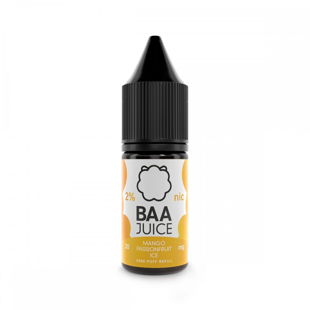 BAA Juice Mango Passionfruit Ice Nic Salts in a pocket-size 10ml bottle