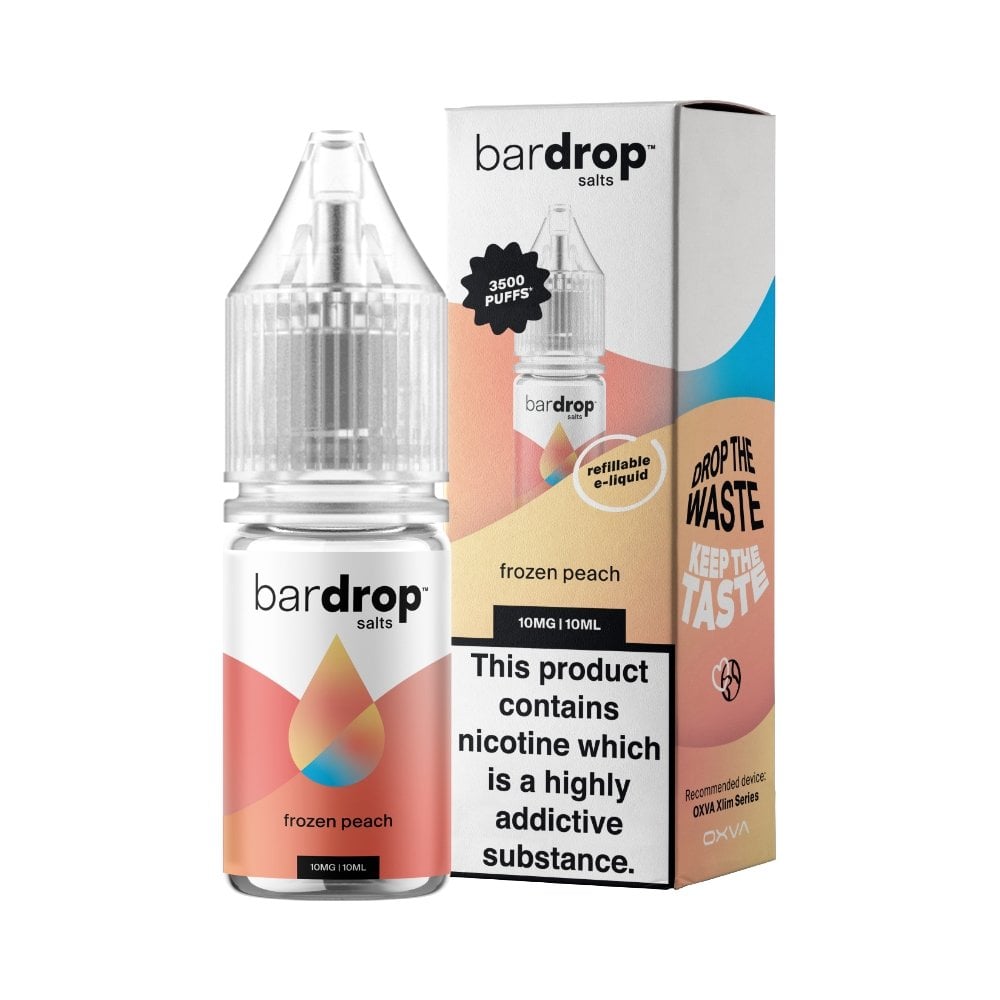 Bar Drop Frozen Peach Nic Salt in a 10ml Bottle Size