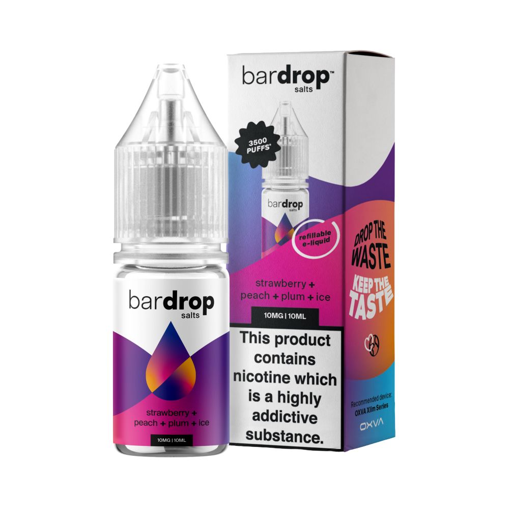 Bar Drop Strawberry Peach Plum Ice Nic Salt in a 10ml Bottle Size