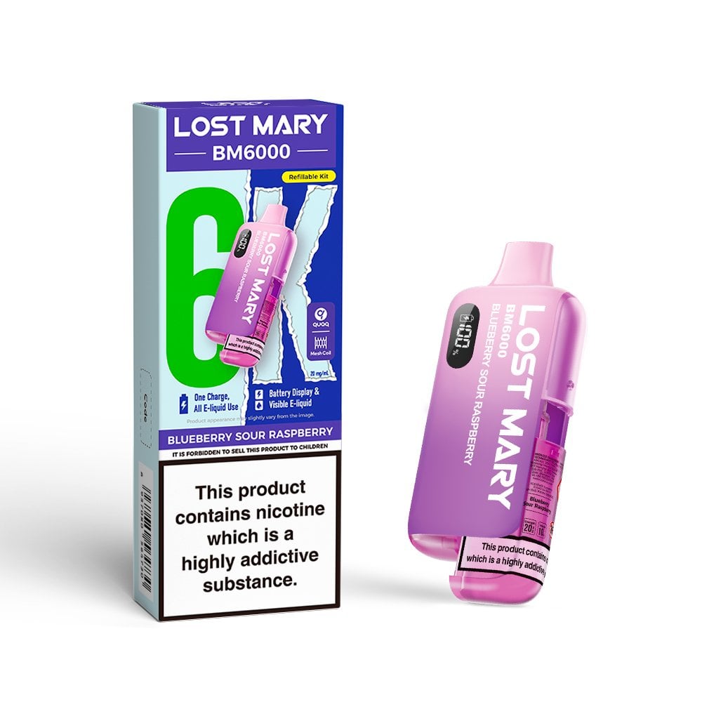 Lost Mary BM6000 Blue Sour Raspberry Kit includes a rechargeable vape device and a pre-filled cartridge