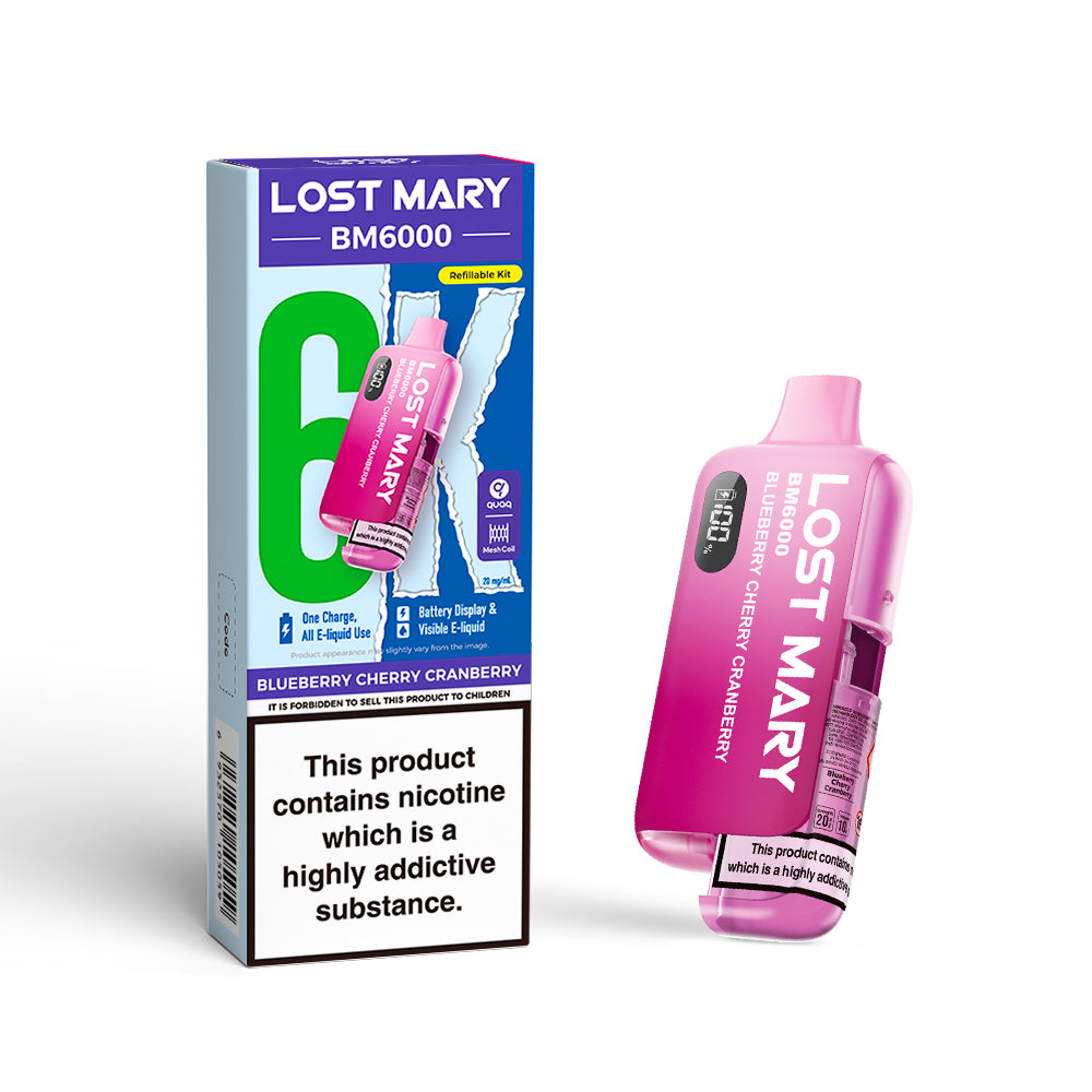 Lost Mary BM6000 Blueberry Cherry Cranberry Kit includes a rechargeable vape device and a pre-filled pod