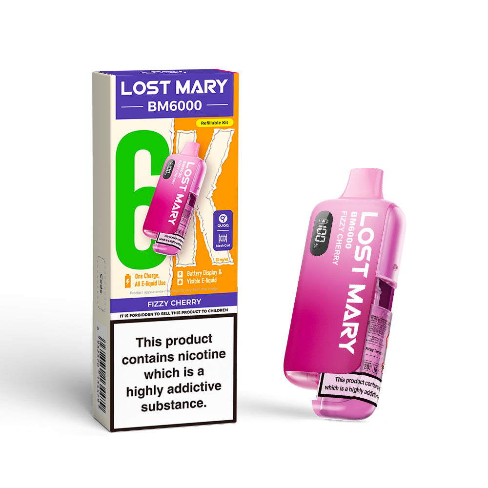 Lost Mary BM6000 Fizzy Cherry Kit includes a rechargeable vape device and a pre-filled cartridge