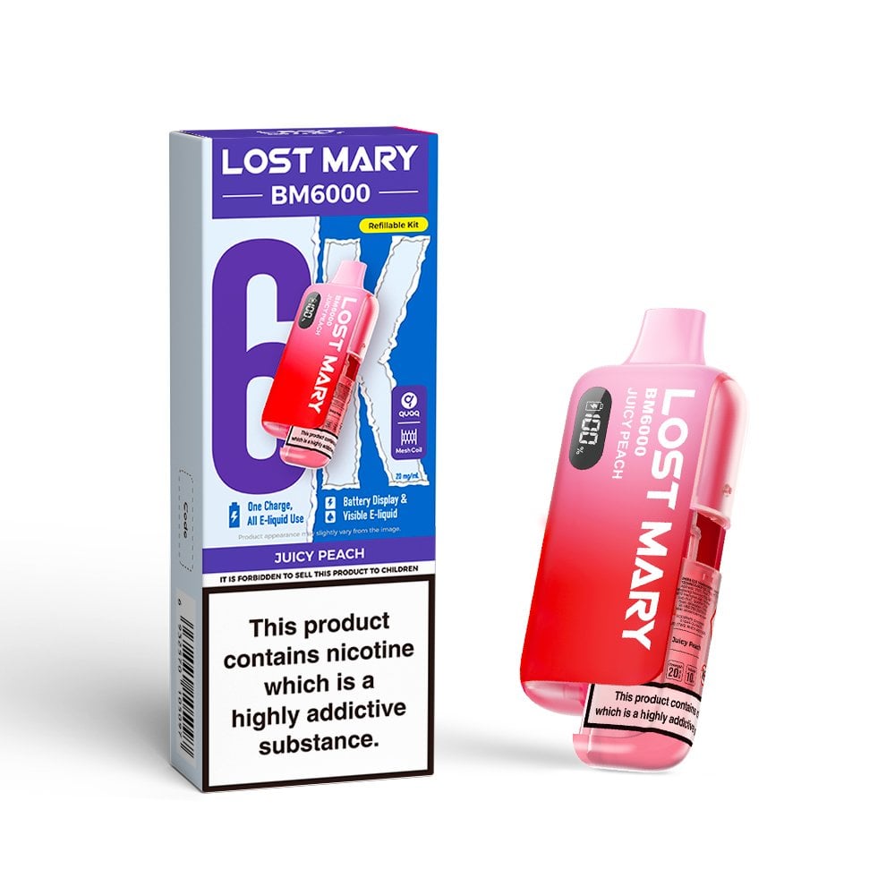 Lost Mary BM6000 Juicy Peach Kit including a rechargeable vape device and a pre-filled cartridge