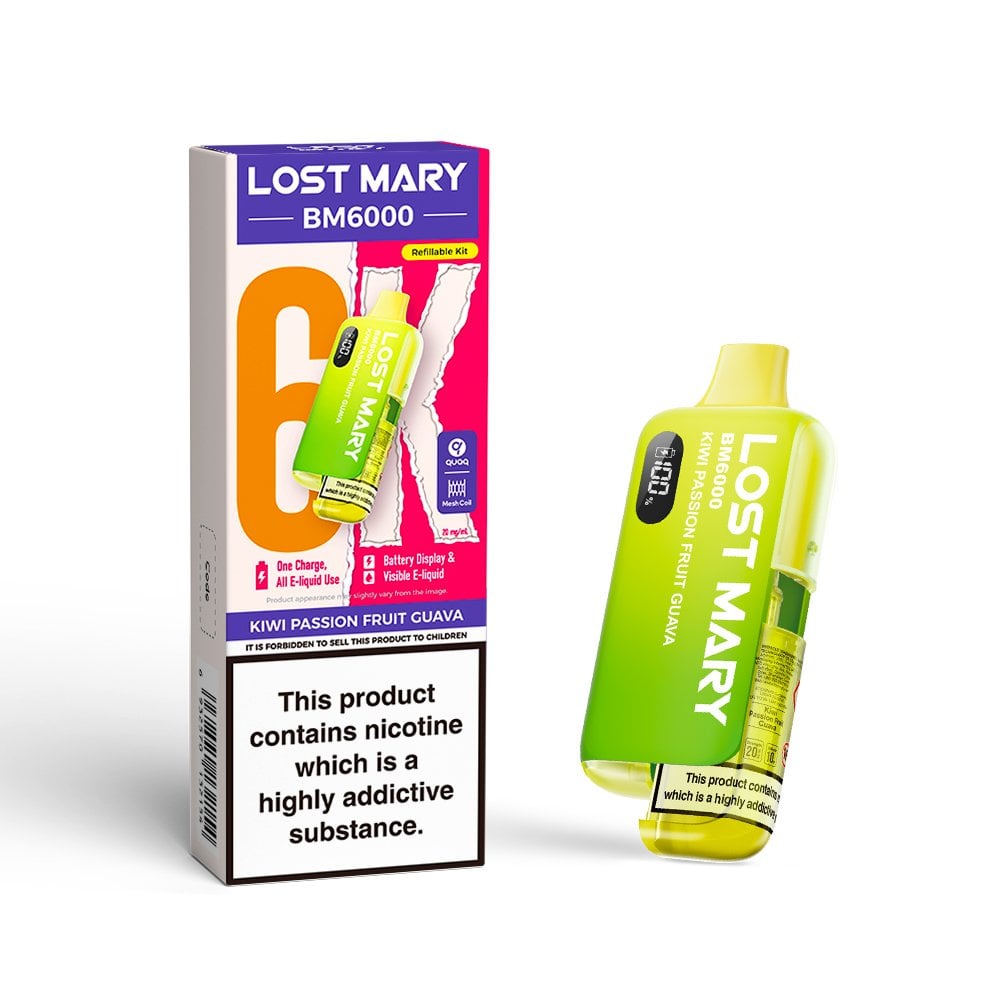 Lost Mary BM6000 Kiwi Passionfruit Guava Kit including a pre-filled pod and a rechargeable vape device