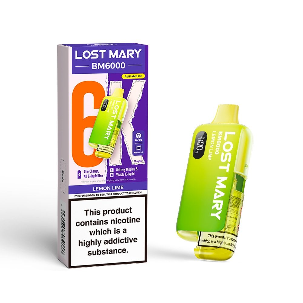 Lost Mary BM6000 Lemon Lime Kit including a rechargeable vape device and a pre-filled pod cartridge