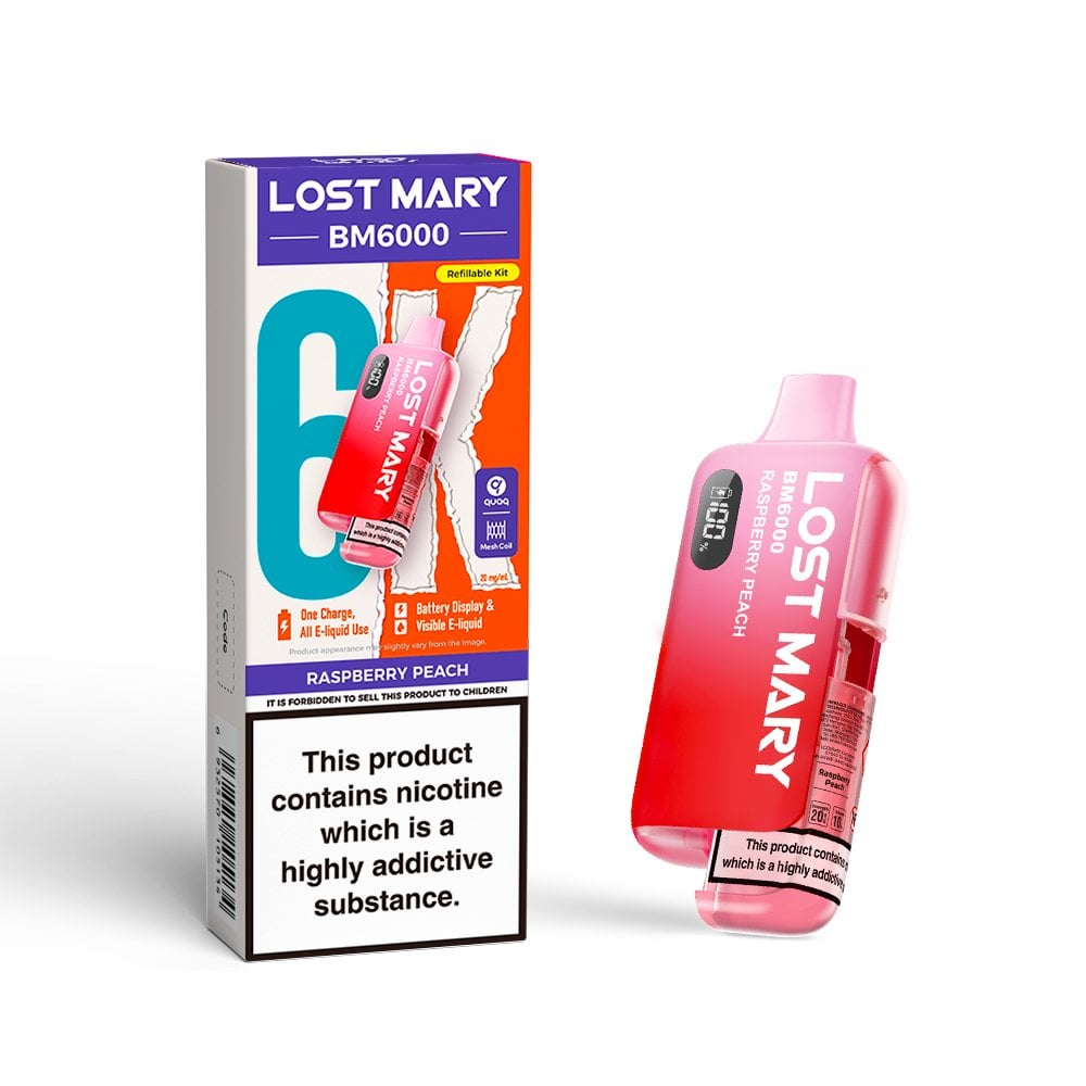 Lost Mary BM6000 Raspberry Peach Kit including a rechargeable vape device and pre-filled cartridge