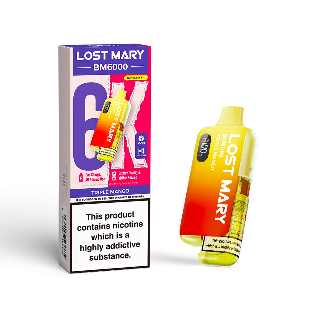Lost Mary BM6000 Triple Mango Kit including a rechargeable vape device and a pre-filled pod