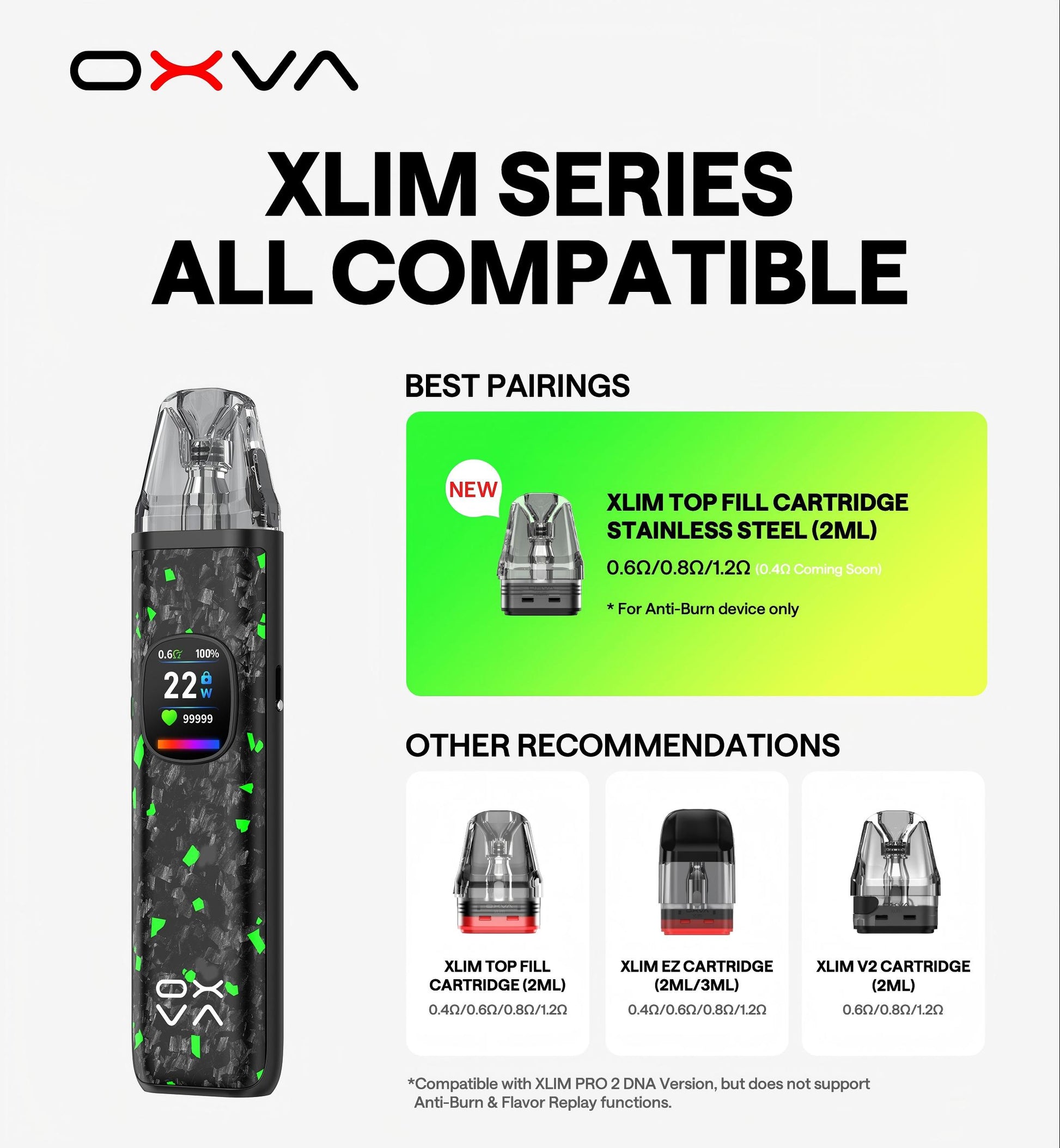 OXVA Xlim SS DNA Cartridges Compatibility Info